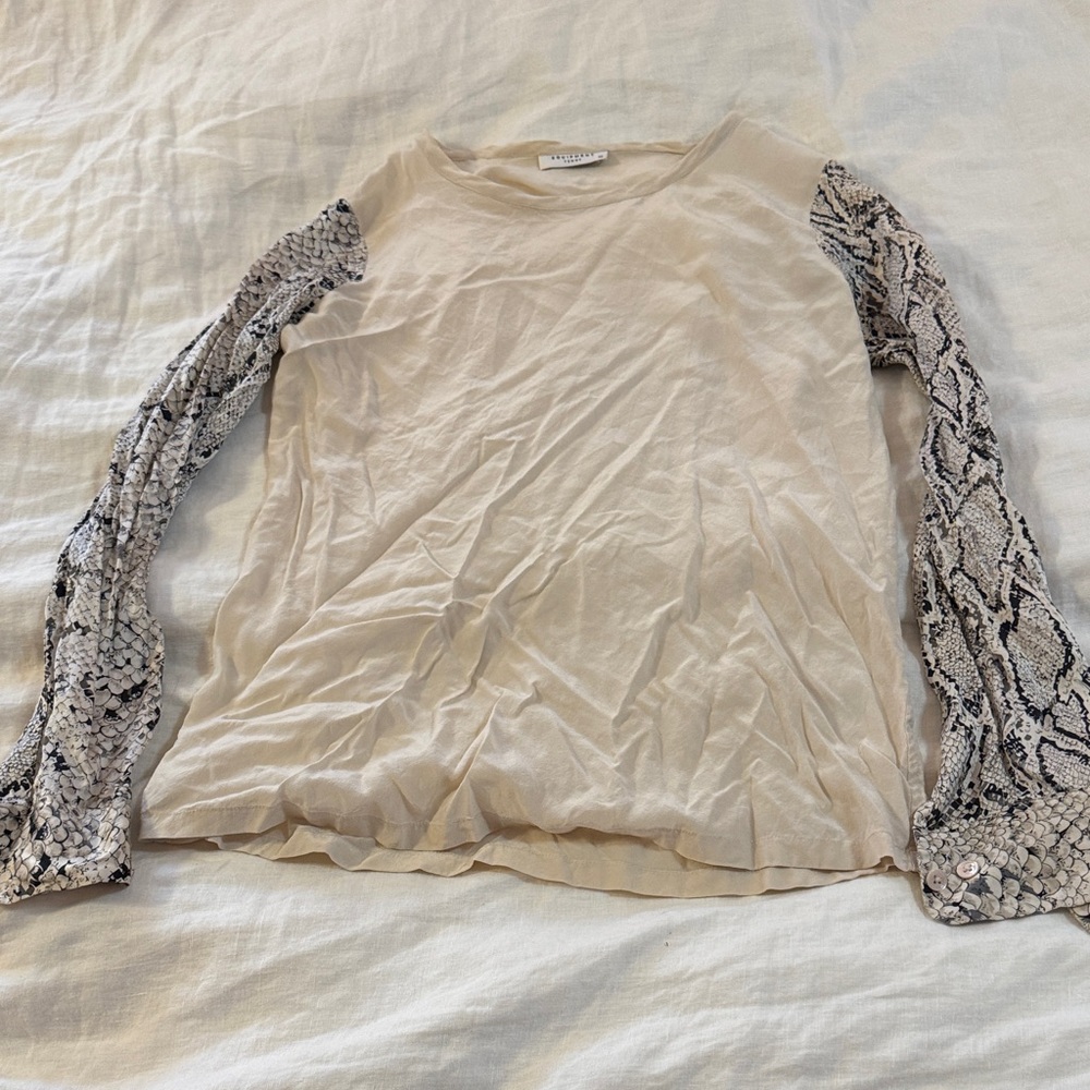 Equipment Femme silk blouse, cream with snakeskin print arms, womens XS